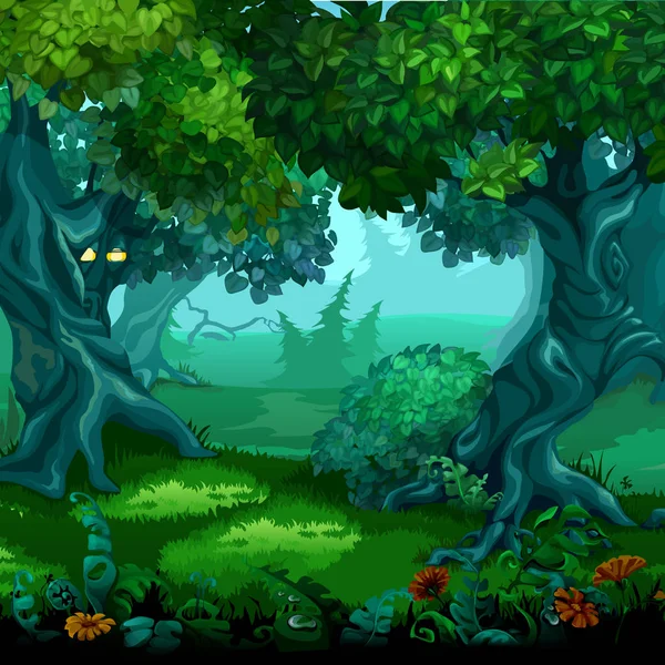 Sihirli orman. Ağaçlar hareket. Vektör karikatür yakın çekim Şekil.