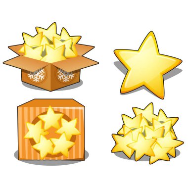 Sarı yıldız beyaz arka plan üzerinde izole karton kutu. Poster, daveti tatil, bayram kartı örneği. Vektör karikatür yakın çekim Şekil.