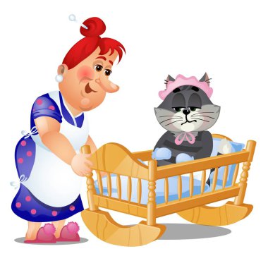 Çocuk çizgili kedi salıncak yatak üzerinde izole beyaz arka plan uyumaya çalışıyor. Vektör karikatür yakın çekim Şekil.