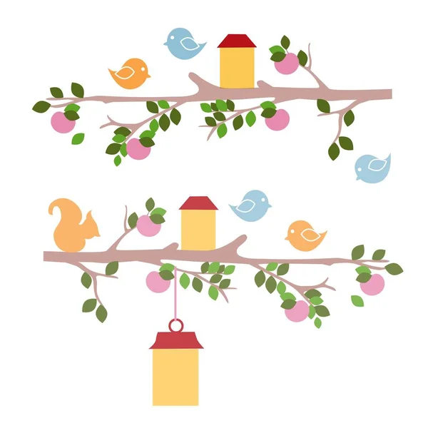 Exemple de dessins au pochoir mural pour la maternelle isolé sur fond blanc. Oiseau et écureuil assis sur une branche d'arbre. Illustration en gros plan de dessin animé vectoriel . — Image vectorielle