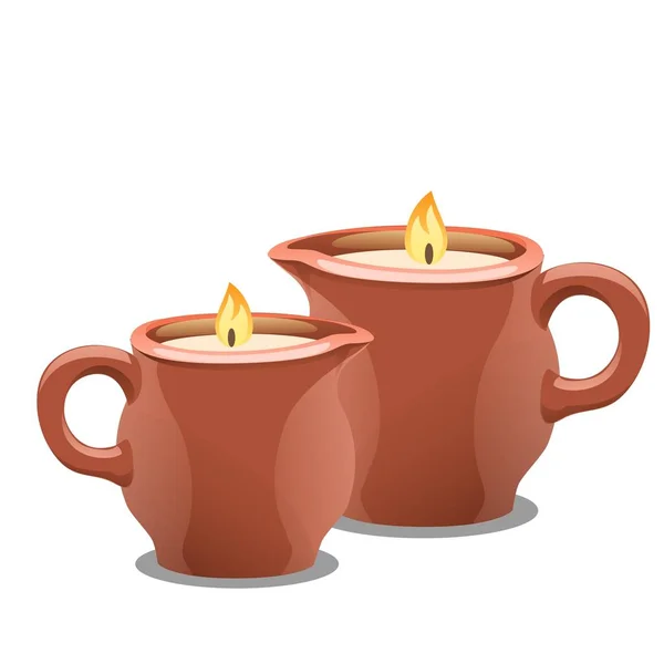 Set di candele accese in tazze di argilla. Accessori per trattamenti termali isolati su fondo bianco. Illustrazione ravvicinata del fumetto vettoriale . — Vettoriale Stock