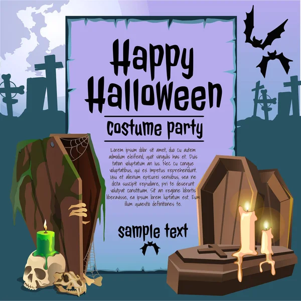 Un cartel sobre el tema de la fiesta de Halloween. ataúdes y velas de madera vintage. Ilustración vectorial . — Vector de stock