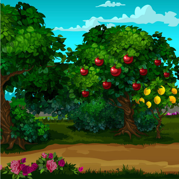 A garden with ripe fruit. Vector cartoon close-up illustration.