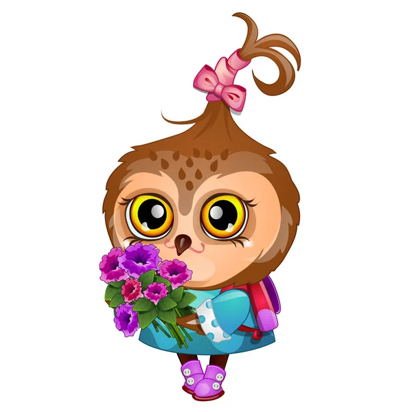 Cute owl holding the wing of a bouquet of flowers isolated on white background. Vector cartoon close-up illustration. — Stock Vector