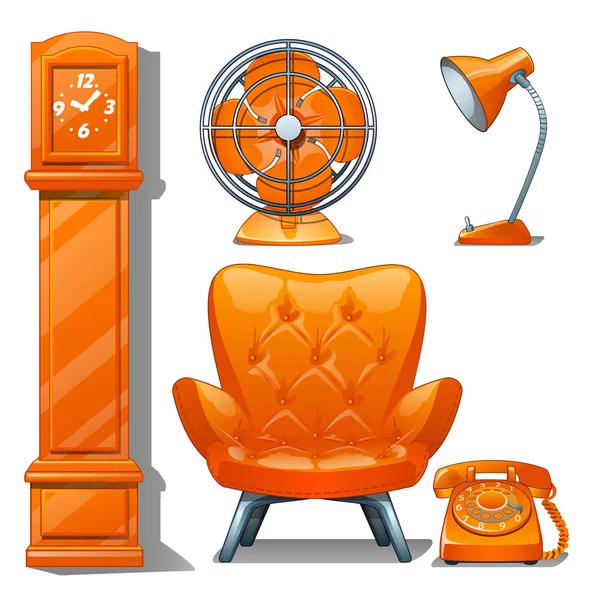 Sada prošívané kožené křeslo oranžové barvy, stolní lampa, ventilátor, pendlovky a telefon. Nábytek interiéru moderní styl izolovaných na bílém pozadí. Vektor kreslené detail obrázku. — Stockový vektor