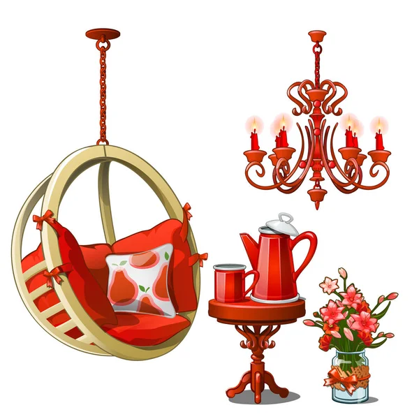 室内的舒适的咖啡馆或厨房在红色的颜色。老式家具和茶具被隔离在白色背景。矢量卡通特写插图. — 图库矢量图片