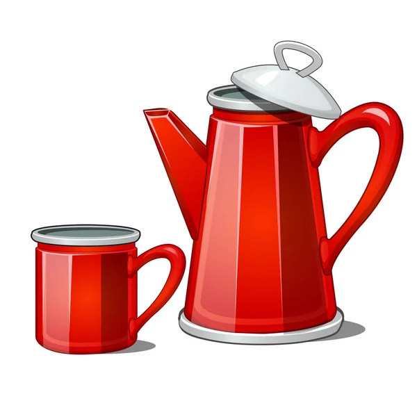 Teiera e tazza di smalto rosso isolato su sfondo bianco. Illustrazione ravvicinata del fumetto vettoriale . — Vettoriale Stock
