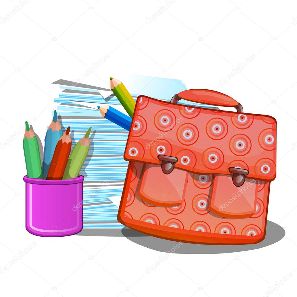 School backpack, notebooks and pencils isolated on white background. Vector illustration.