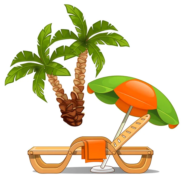 Renkli bir şemsiye ve şezlong plaj düzenlenmesi için. Beyaz arka plan üzerinde izole muz palmiye ağacı. Vektör çizim. — Stok Vektör