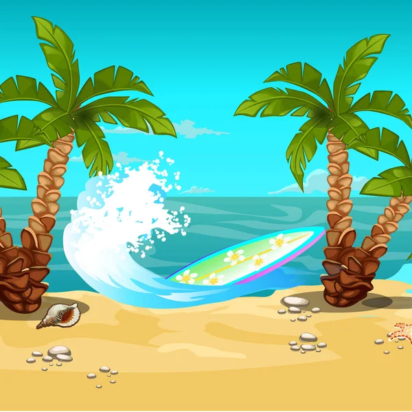 Plage tropicale. Une planche de surf. Illustration en gros plan de dessin animé vectoriel . — Image vectorielle