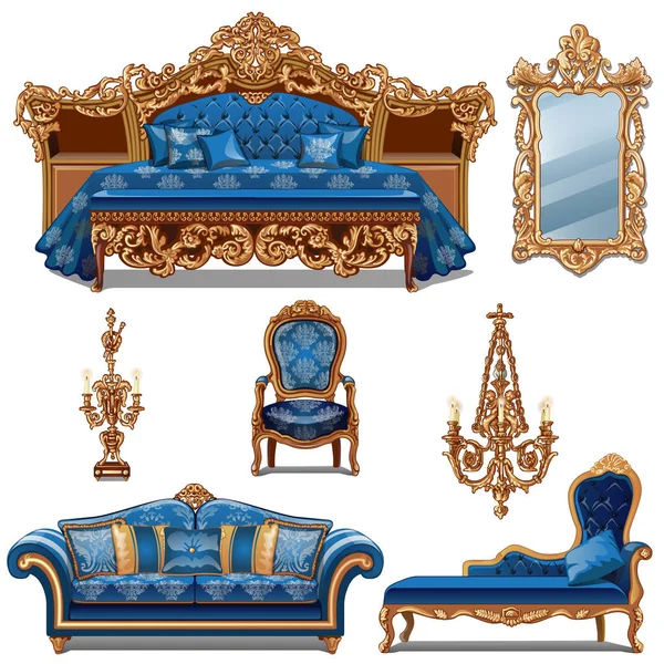 Un ensemble de meubles de couleur bleue pour l'intérieur vintage isolé sur fond blanc. Illustration en gros plan de dessin animé vectoriel . — Image vectorielle