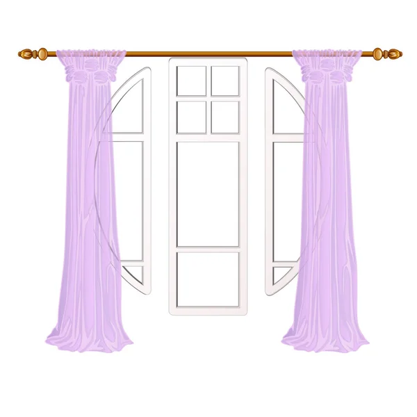 Elementos ventanas redondas y puertas de balcón con cortinas aisladas sobre fondo blanco. Ilustración vectorial . — Vector de stock
