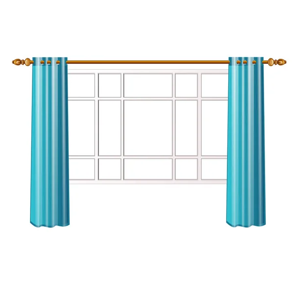 Ventana con cortinas de color turquesa aisladas sobre fondo blanco. ilustración de primer plano de dibujos animados vectoriales . — Vector de stock