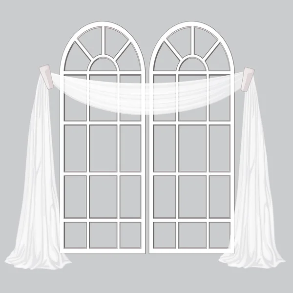 Janela francesa e cortina branca isolada em um fundo cinza. Desenhos animados vetoriais ilustração close-up . — Vetor de Stock