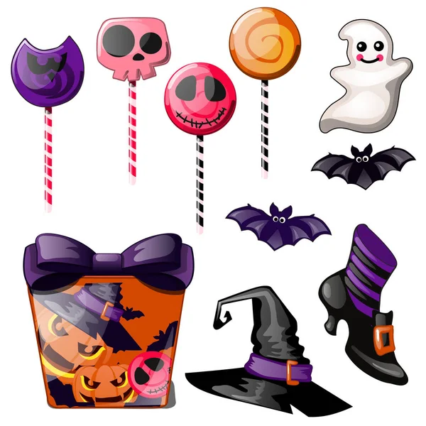 Jeu de bonbons lumineux sur bâton, Sucette. Chapeau de sorcière, chaussure et coffret cadeau avec arc. Croquis pour carte de vœux, affiche festive ou invitations de fête. Les attributs de la fête de l'esprit mauvais Halloween . — Image vectorielle