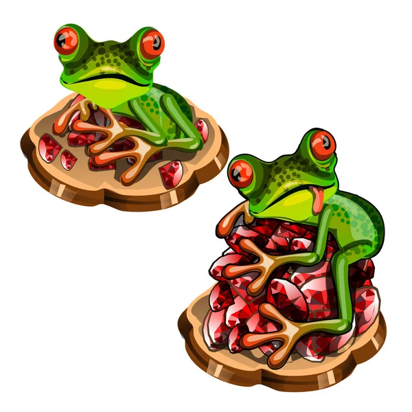 Симпатична зелена деревна жаба з червоним язиком вкрала дорогоцінні камені рубіни ізольовані на білому тлі. Векторний мультфільм крупним планом ілюстрація . — стоковий вектор
