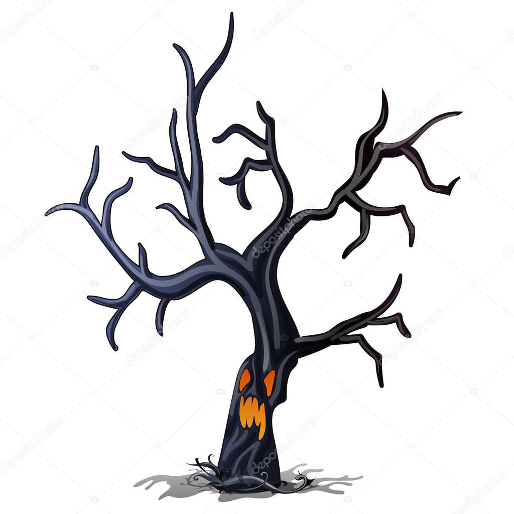 Dark wood with glowing eyes and toothy mouth isolated white background. Sketch for greeting card, festive poster or party invitations. The attributes of the holiday of evil spirit Halloween. Vector