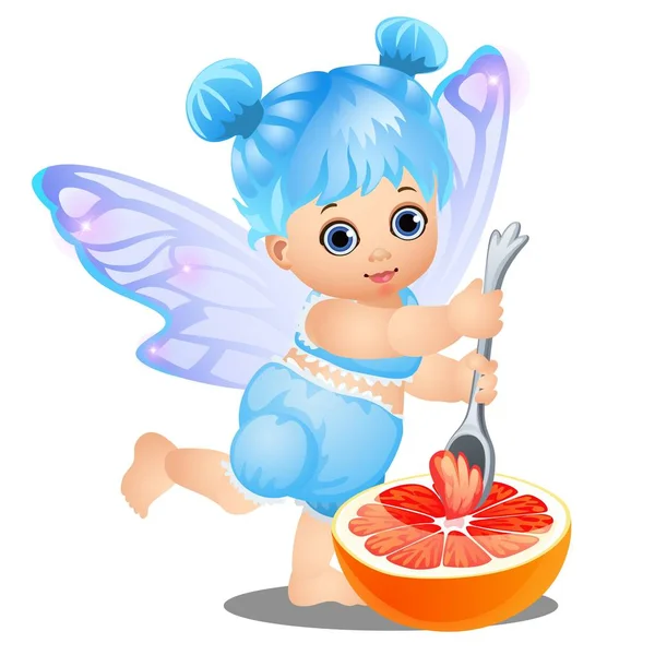 Trochę szczęśliwy dziewczyna niebieski włosy i bajki skrzydła zjada grejpfruta z łyżką na białym tle. Wirydarz-do góry ilustracja kreskówka wektor. — Wektor stockowy