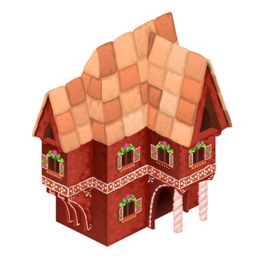 Kırmızı renk oyuncak iki katlı ev. Gingerbread house beyaz arka plan üzerinde izole. Vektör karikatür yakın çekim Şekil.