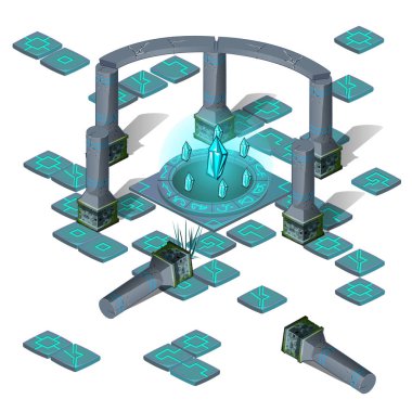 Büyülü eserler ile beyaz arka plan üzerinde izole runes kümesi. Vektör karikatür yakın çekim Şekil.