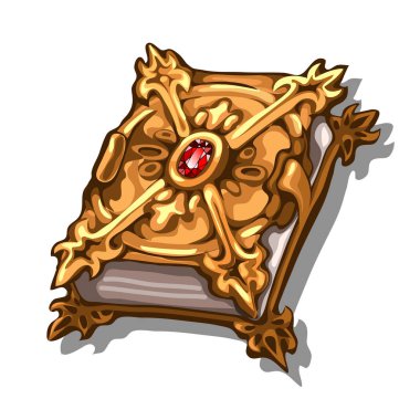 Eski değerli metal ve beyaz arka plan üzerinde izole ruby ile işlemeli kapak kitap. Vektör karikatür yakın çekim Şekil.