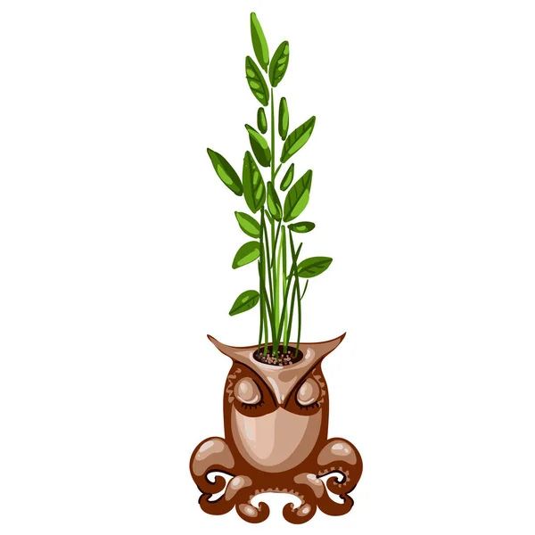 Planta de oficina en maceta de cerámica en forma de búho con tentáculos de pulpo aislados sobre fondo blanco. Ideas para el diseño de interiores. Ilustración vectorial . — Vector de stock