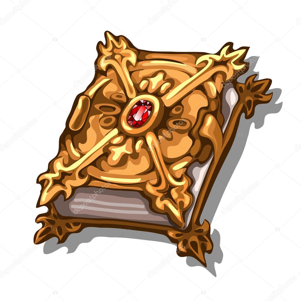 Old book in cover of precious metal and inlaid with ruby isolated on white background. Vector cartoon close-up illustration.