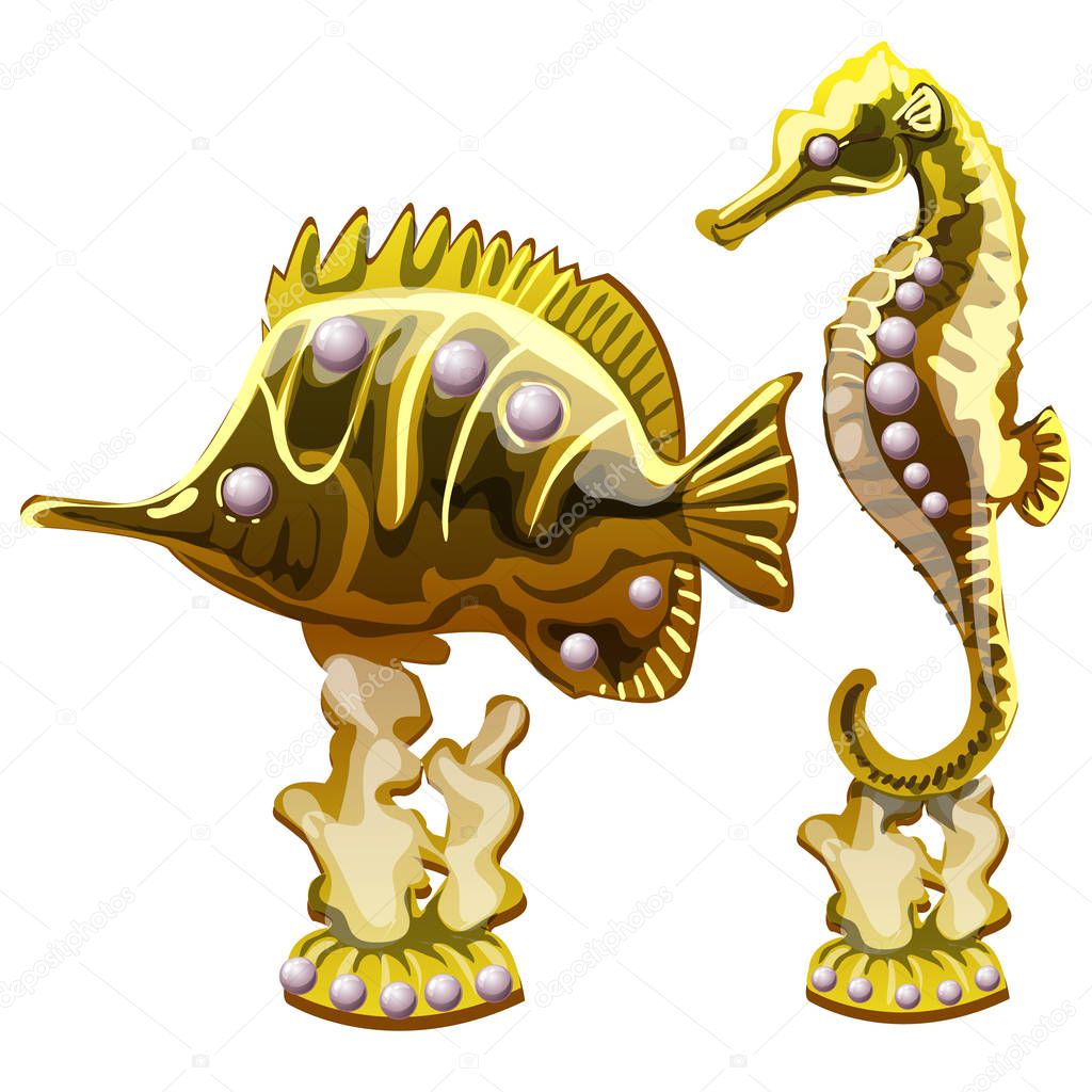 Figurine of golden exotic fish and a seahorse isolated on a white background. Cartoon vector close-up illustration.