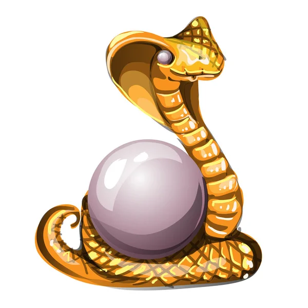 Statuette in Form einer goldenen Kobra, die die Perle bewacht, isoliert auf weißem Hintergrund. Vektor-Karikatur in Nahaufnahme. — Stockvektor