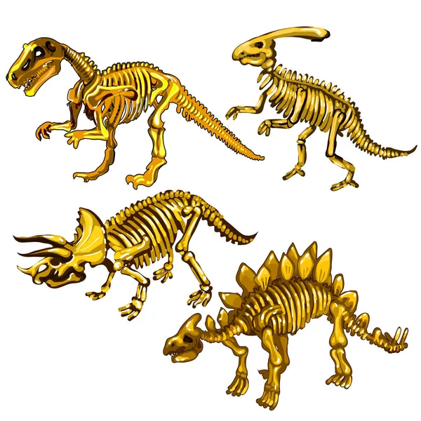Reihe von Dinosaurierskeletten aus Gold. Souvenirs in Form von Überresten prähistorischer Tiere isoliert auf weißem Hintergrund. Vektorillustration. — Stockvektor