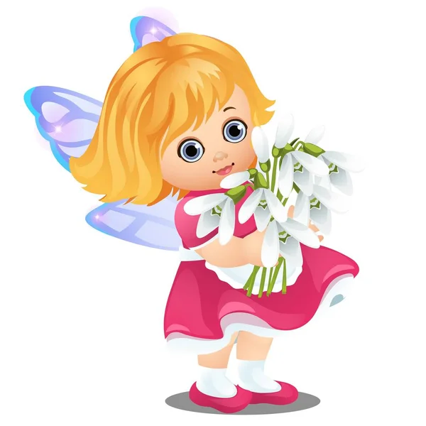 Маленькая счастливая анимированная девочка с волшебными крыльями, держащая букет цветущих подснежников на белом фоне. Векторная иллюстрация крупным планом . — стоковый вектор