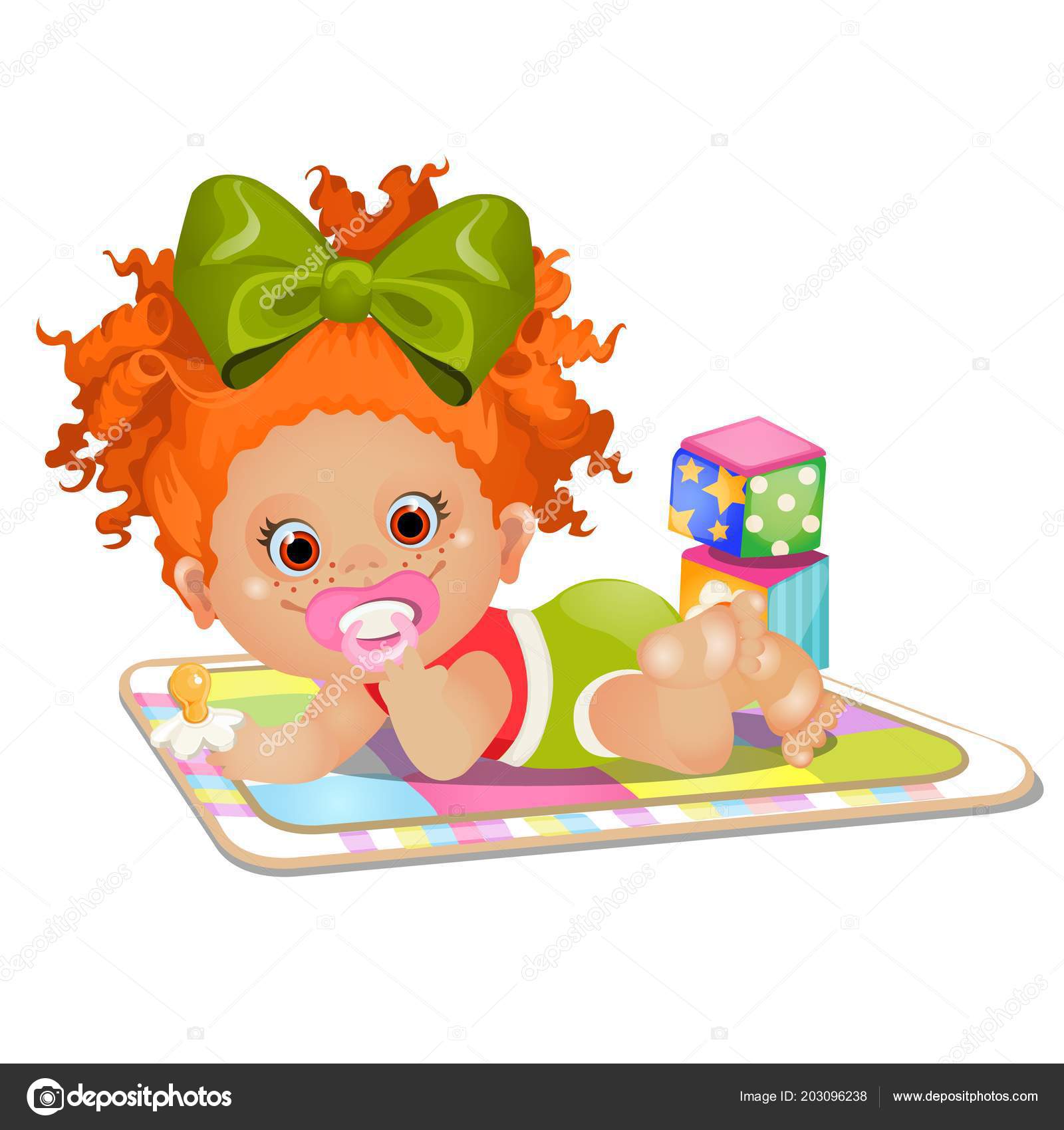 Little red-haired girl sucks a pacifier lying on the rug isolated