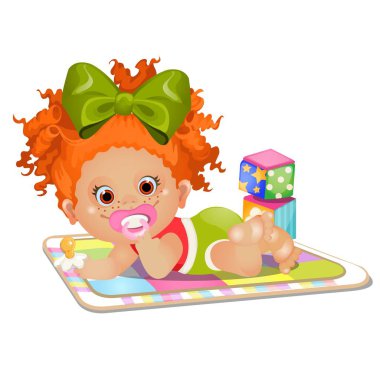 Küçük kızıl saçlı kız beyaz arka plan üzerinde izole halı yatan bir emzik berbat. Vektör karikatür yakın çekim Şekil.