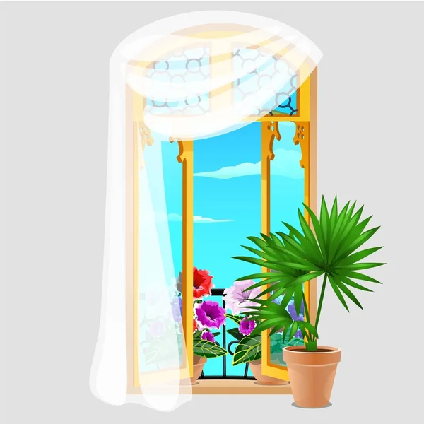 Janela de madeira vintage com cortinas e flores em vaso no peitoril da janela isolado em fundo cinza. Desenhos animados vetoriais ilustração close-up . — Vetor de Stock