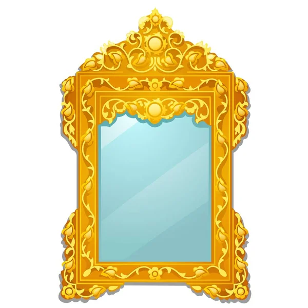 Vintage mirror with golden ornate florid frame isolated on white background. Vector cartoon close-up illustration. — Stock Vector