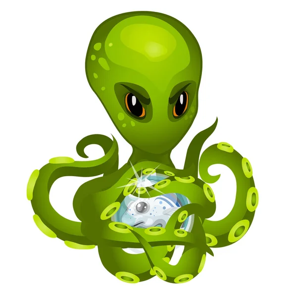 Cartoon polvo alienígena verde segurando em tentáculos o peixe embrião isolado em fundo branco. Desenhos animados vetoriais ilustração close-up . —  Vetores de Stock