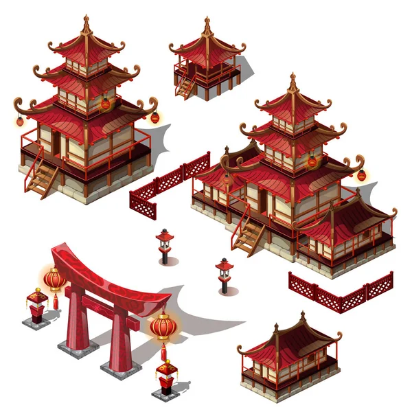Um conjunto de elementos arquitetônicos em estilo oriental. Pagode casa e portão cor preta e vermelha. Desenhos animados vetoriais ilustração close-up . —  Vetores de Stock