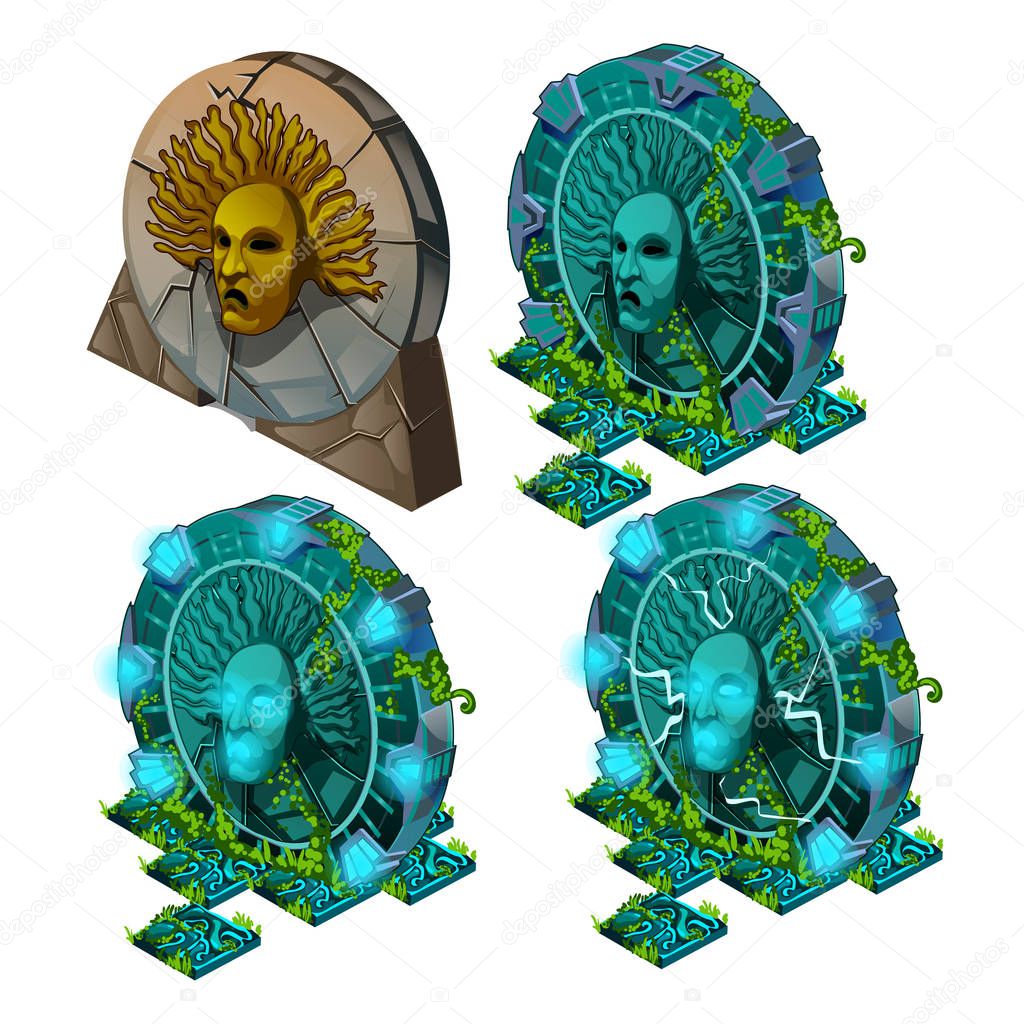 Set of artifacts in the shape of a round portal with a relief face of a man with glowing ornament isolated on white background. Vector illustration.