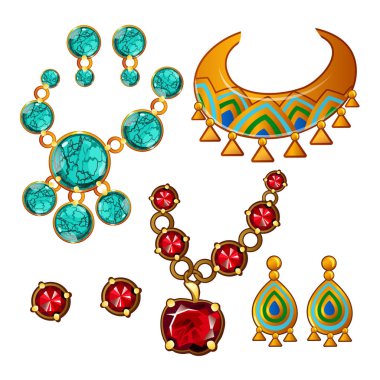 Kolye ve küpe beyaz arka plan üzerinde izole renkli değerli taşlar ile kümesi. Vektör karikatür yakın çekim Şekil.