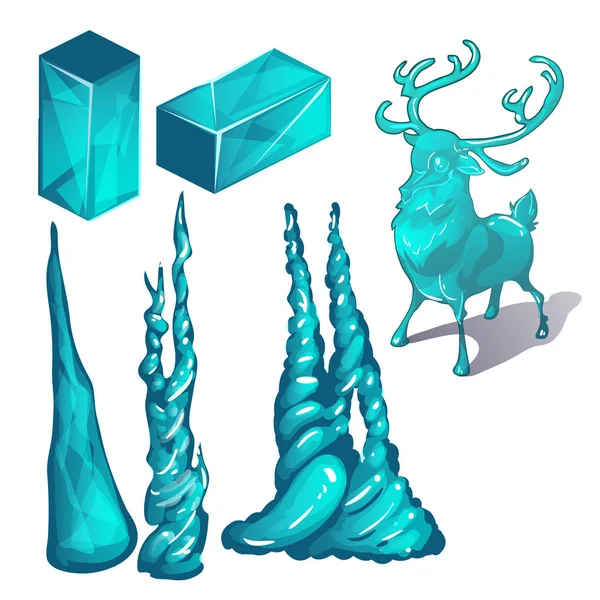 Das Set aus Eiswürfeln und Produkten in Form eines Hirsches und abstrakten Formen, die auf weißem Hintergrund isoliert sind. Bühne der Herstellung von vereisten Weihnachtsdekorationen. Vektorillustration. — Stockvektor
