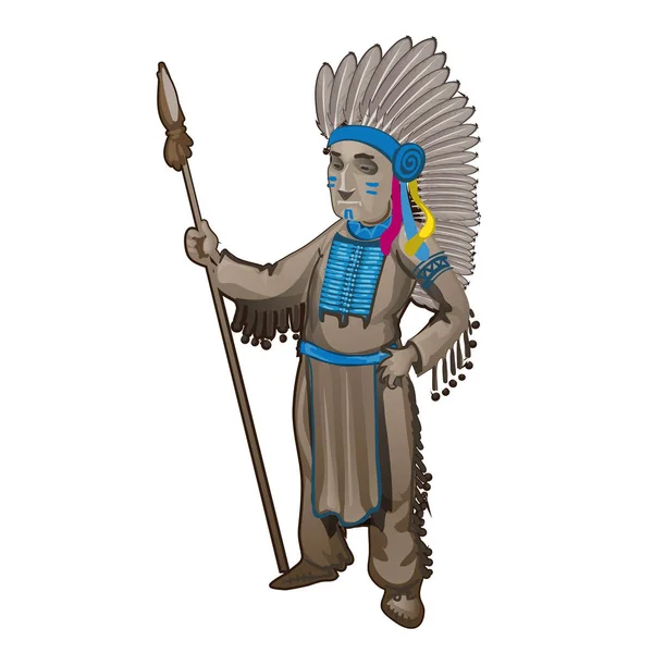 La statuette du chef d'une tribu d'Indiens isolés sur fond blanc. Illustration en gros plan du vecteur de bande dessinée . — Image vectorielle