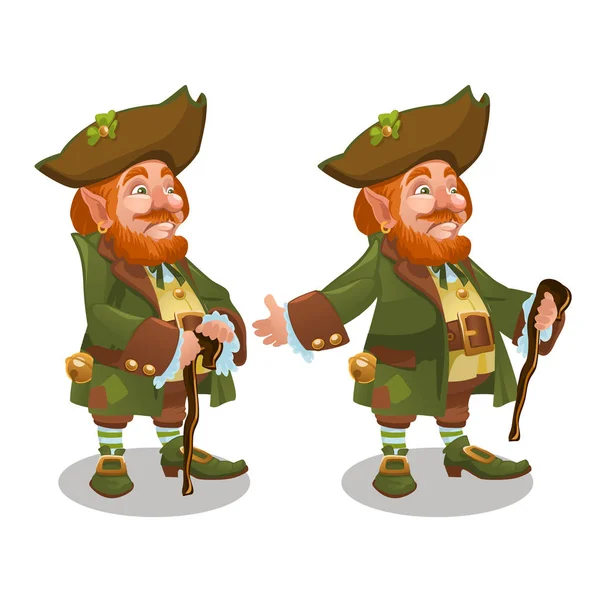 Leprechaun personaje de San Patricio Día con sombrero verde, barba roja y un bastón de madera aislado sobre fondo blanco. Ilustración vectorial . — Archivo Imágenes Vectoriales