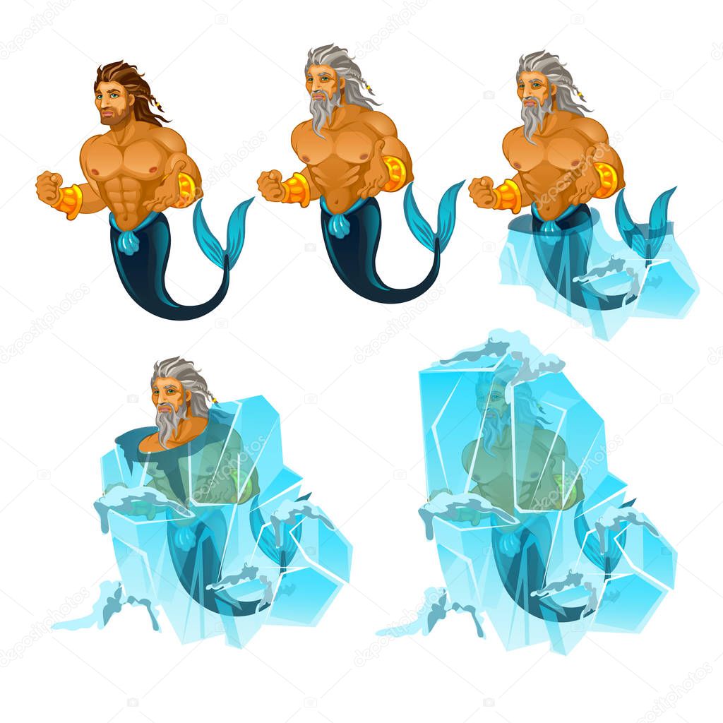 Stage of freezing and thawing of sailor mermaid man isolated on white background. Vector cartoon close-up illustration.