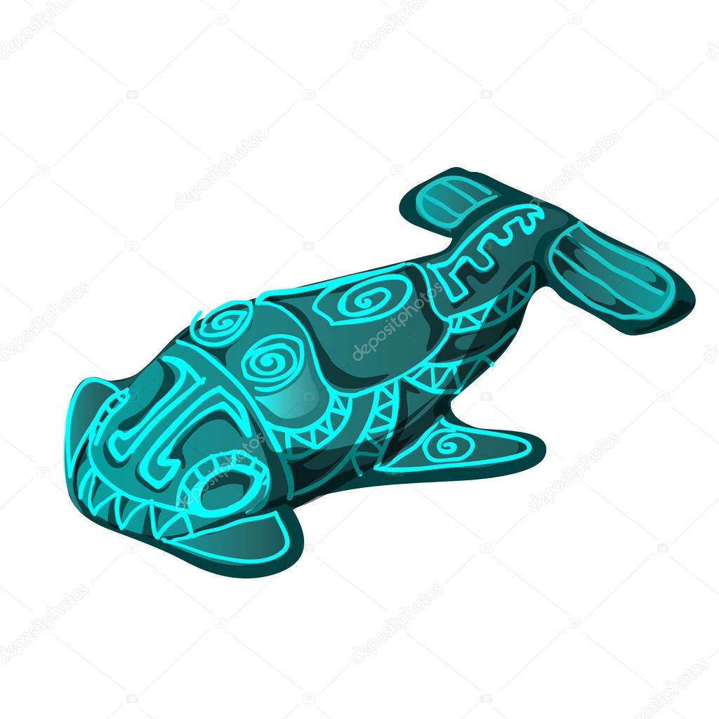 The artifact in the shape of a fish with glowing runes isolated on white background. Vector cartoon close-up illustration.