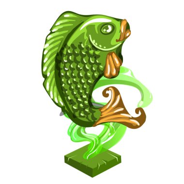 Balık heykelcik yeşim izole üzerinde beyaz arka plan yaptı. Nephrite oryantal tarzı heykelciği. Vektör çizim yakın çekim.