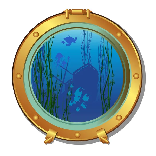 Round porthole of a submarine with views of the sunken ship and marine life isolated on white background. Vector cartoon close-up illustration. — Stock Vector