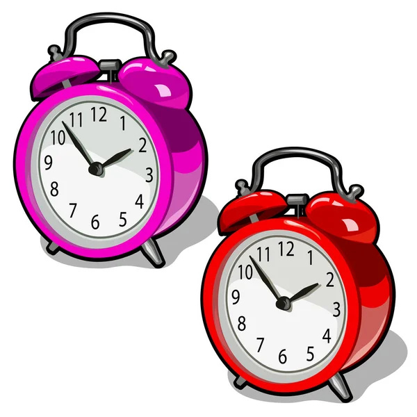 Set de lindo reloj despertador vintage de color rosa y rojo aislado sobre fondo blanco. ilustración de primer plano de dibujos animados vectoriales . — Archivo Imágenes Vectoriales