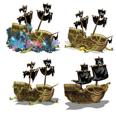 The sunken pirate ship overgrown coral polyps. Stage of growth and formation of coral reefs isolated on white background. Vector illustration. clipart