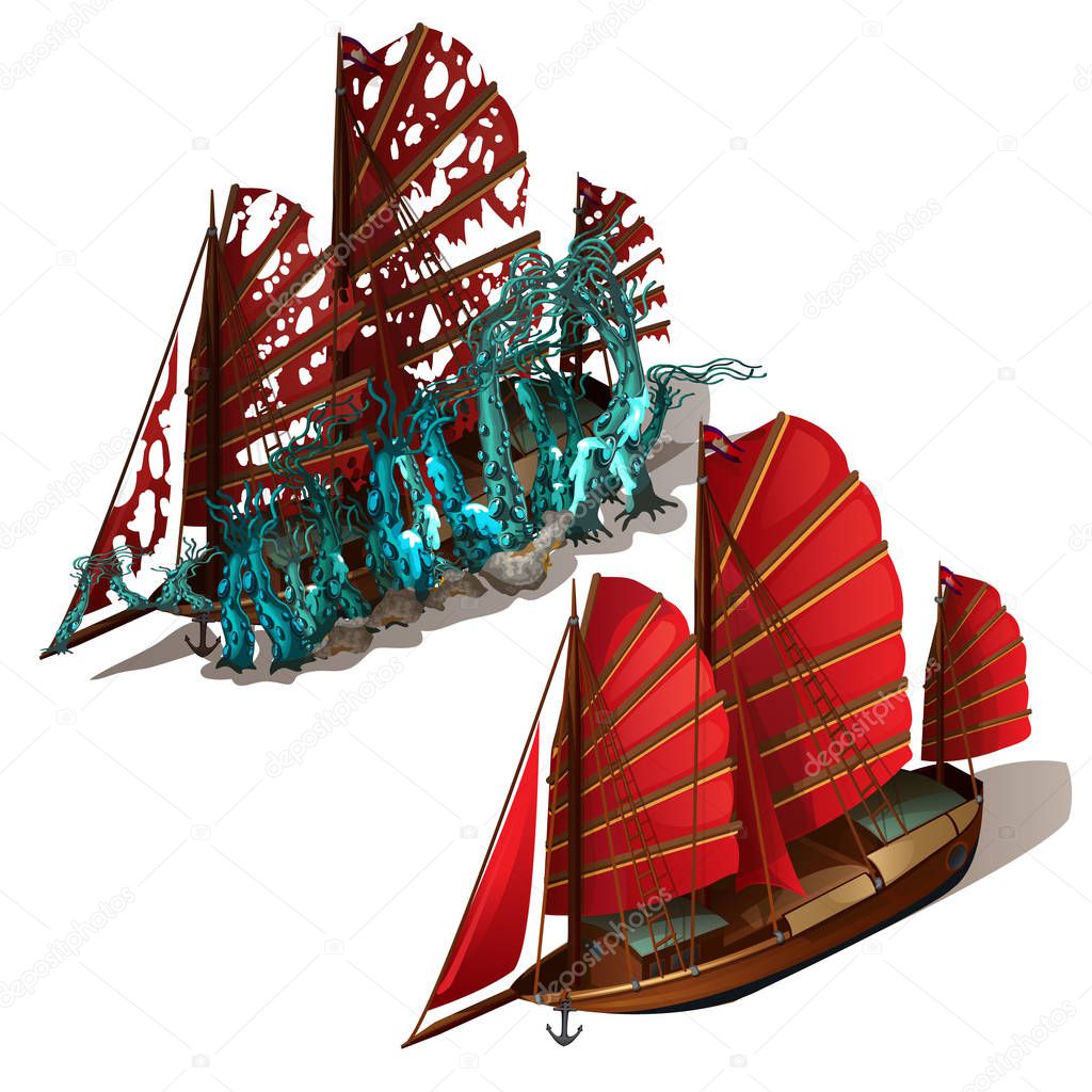 Beautiful old sailboat with red sails isolated on a white background. Ship after shipwreck is overgrown with polyps and corals on the seabed. Vector illustration.