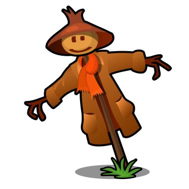 Korkuluk kırmızı eşarp ve beyaz arka plan üzerinde izole kahverengi şapka. Vektör karikatür yakın çekim Şekil.